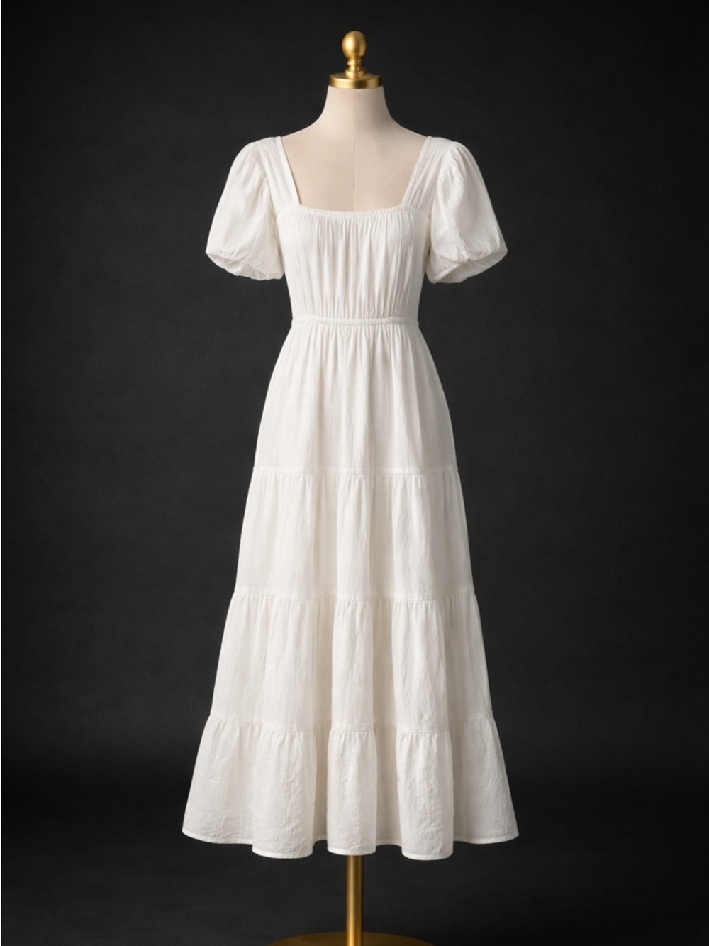 & Other Stories Women’s White Elastic Puff Sleeve ,Tie Back,Midi Dress.Size-US-M